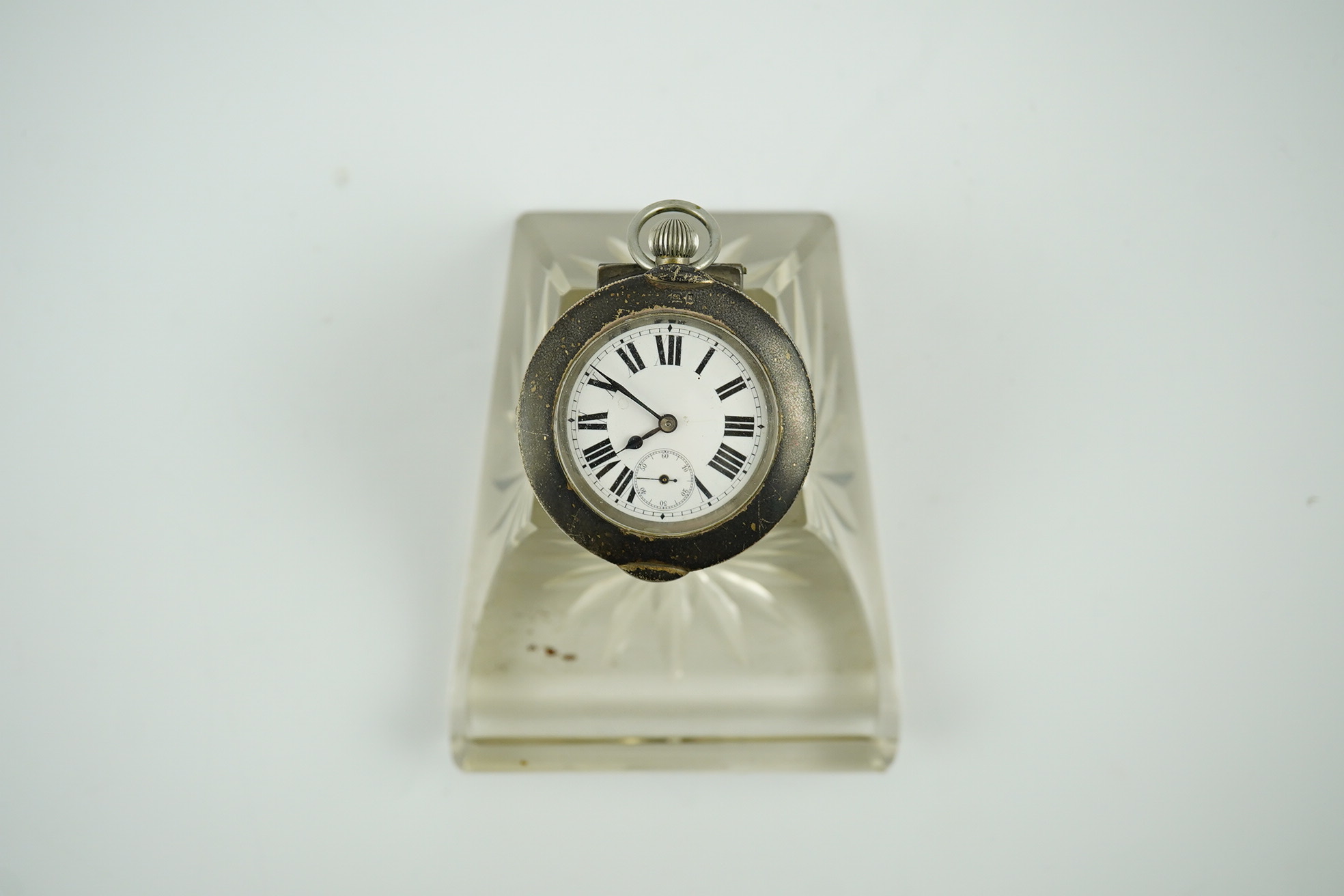 An Edwardian silver watch mounted glass inkwell, maker's mark rubbed